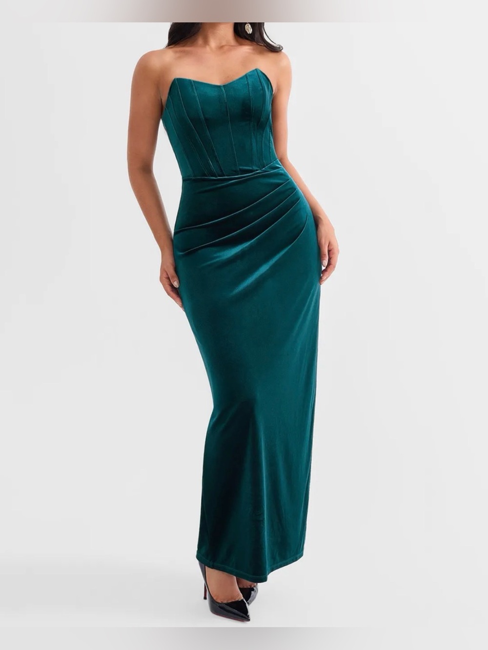 Popilush Strapless Emerald Velvet Evening Gown, shapewear size Large, NNT